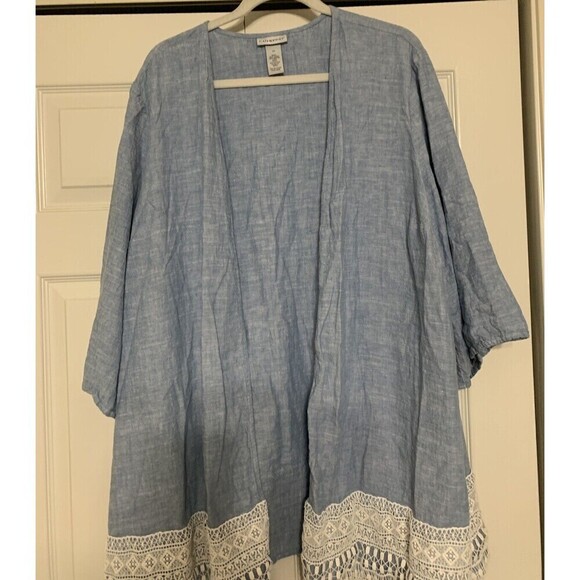 Catherines Linen Blend Chambray Blue & Crochet Lace Open Cardigan Size 3X (X26) - Picture 3 of 9